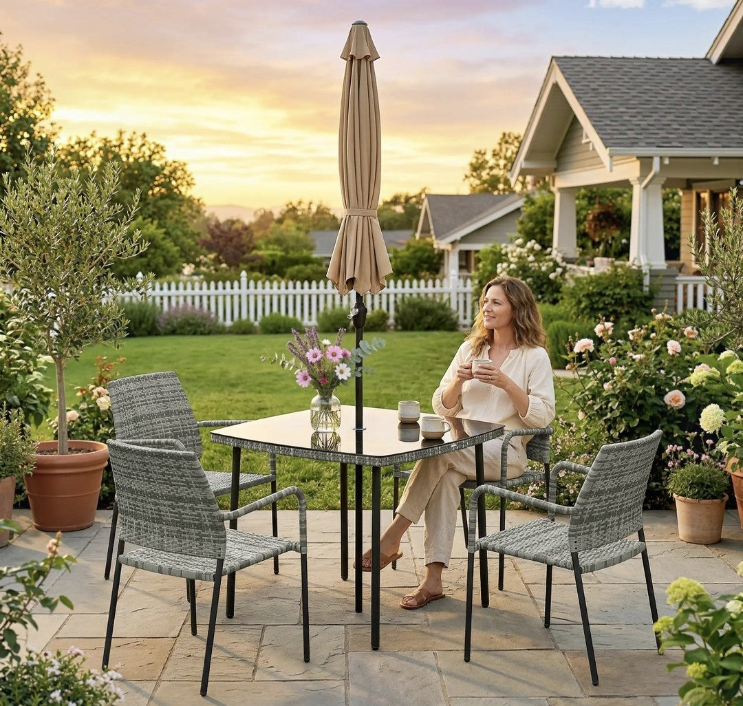 4-Seater Rattan Dining Set with Parasol – 6 Piece, Grey | Stackable Chairs