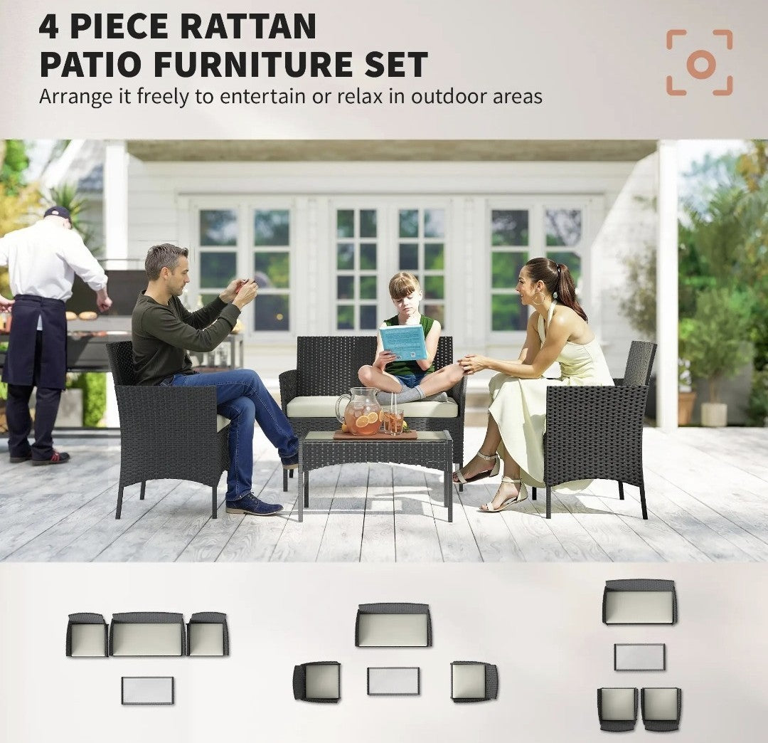 4-Piece Rattan Garden Sofa Set with Beige Cushions | Black