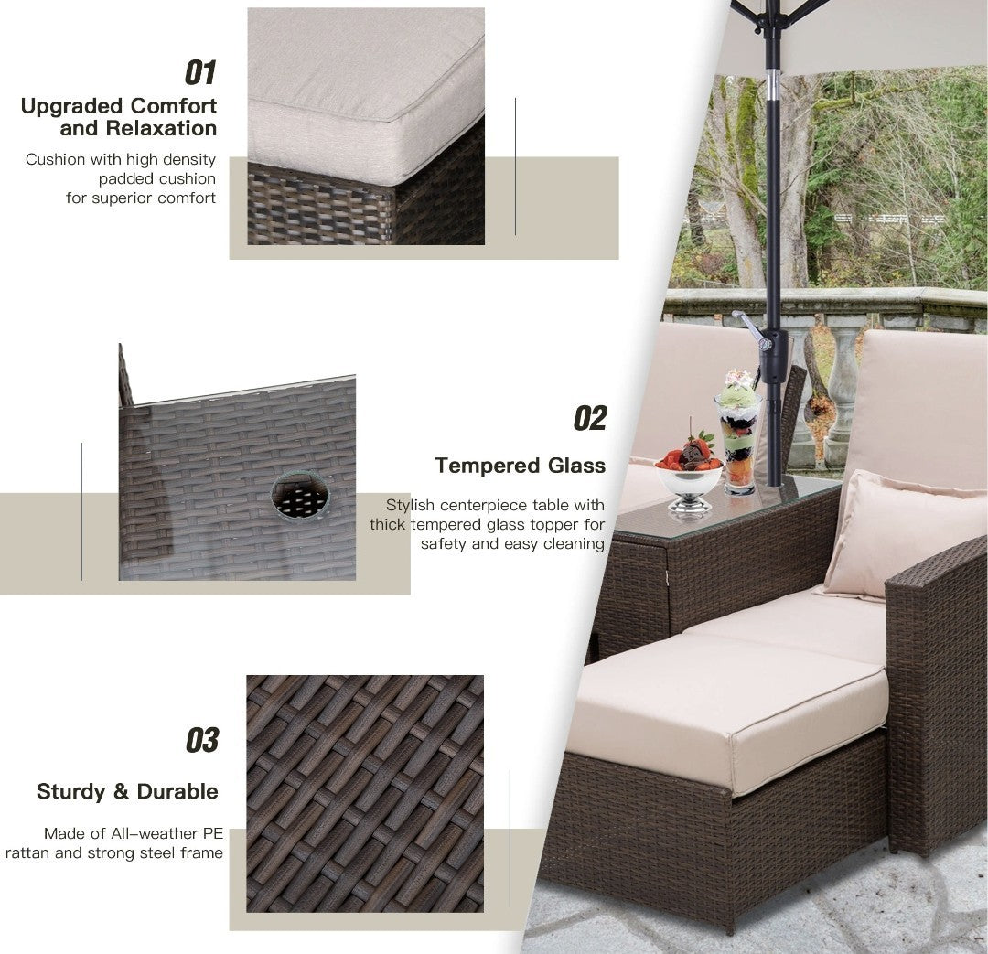 2-Seater Rattan Sofa Lounger Set – Brown & Beige | 5-Position Recliner