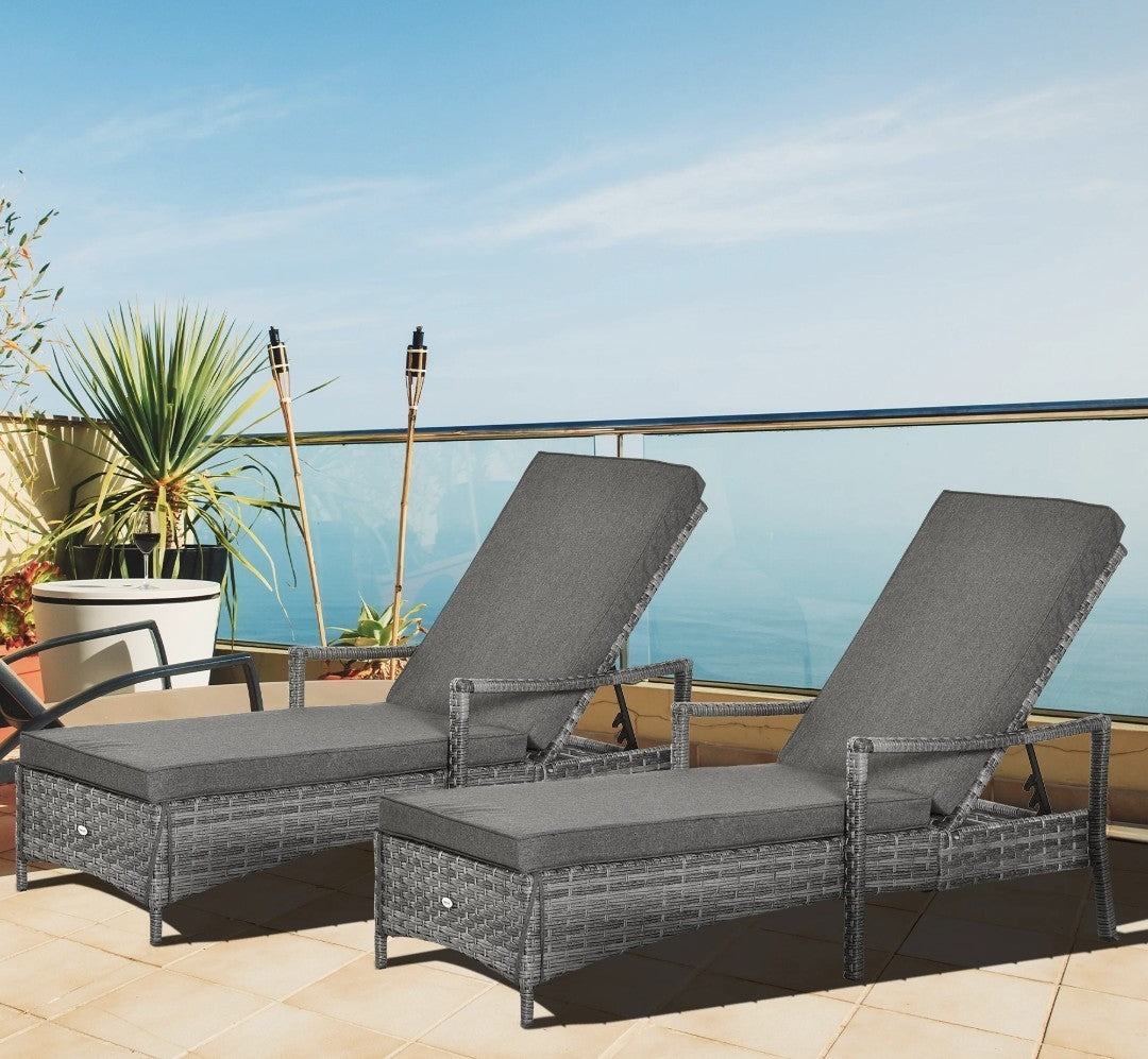 Rattan Sun Lounger Set for 2 – Mixed Grey with Cushions | 4-Position Recliner