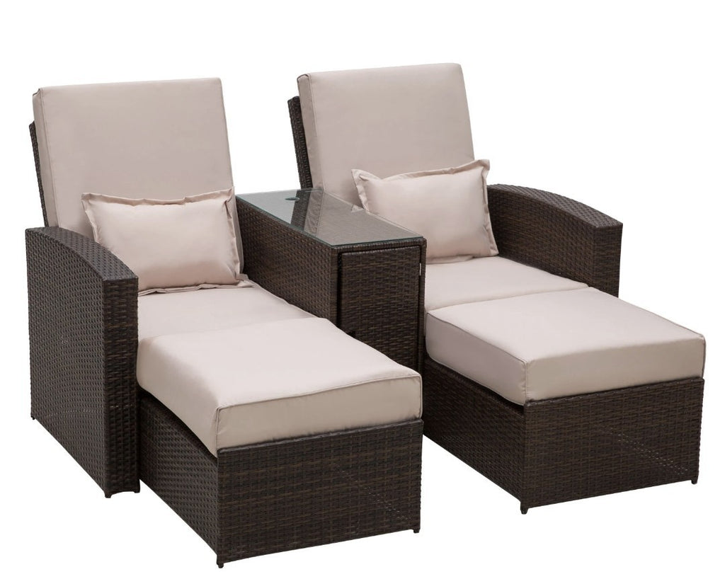 2-Seater Rattan Sofa Lounger Set – Brown & Beige | 5-Position Recliner