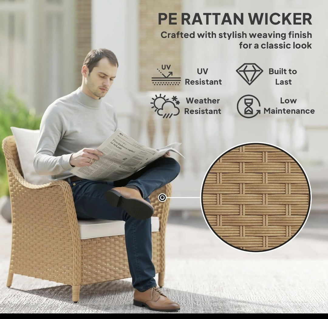 3-Piece Rattan Bistro Set | 2 Armchairs & Side Table | Natural PE Rattan with Cream Cushions