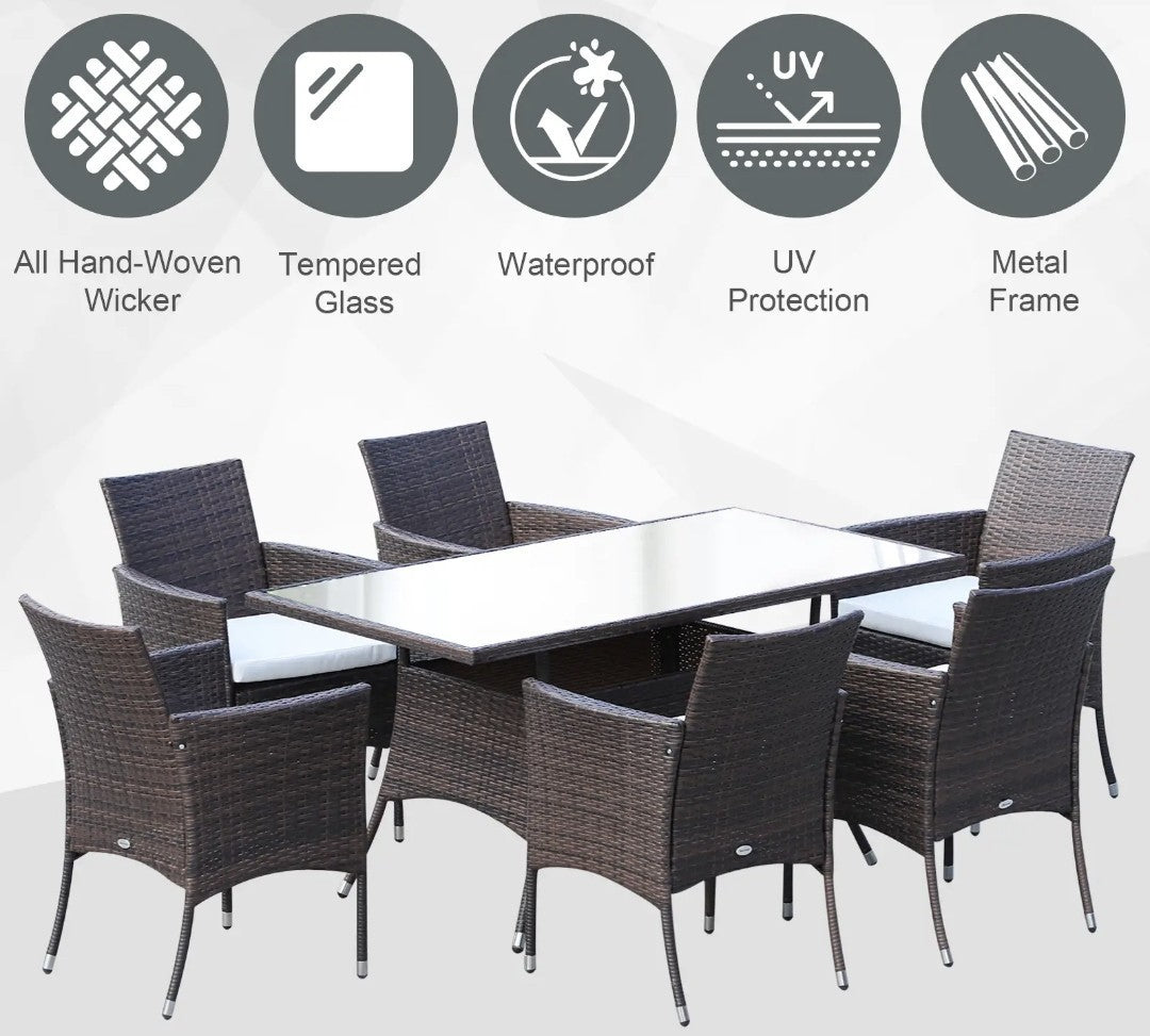 7-Piece Rattan Garden Dining Set with Cushions – Brown