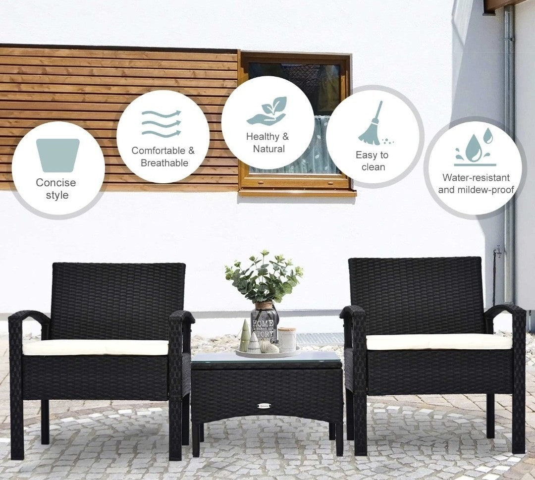 2-Seater Rattan Bistro Set with Table & Cushions | Black