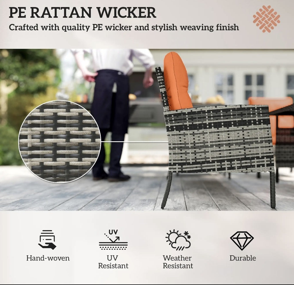 5-Seater Rattan Garden Sofa Set | 2 Armchairs & 3-Seater Wicker Sofa – Grey & Orange
