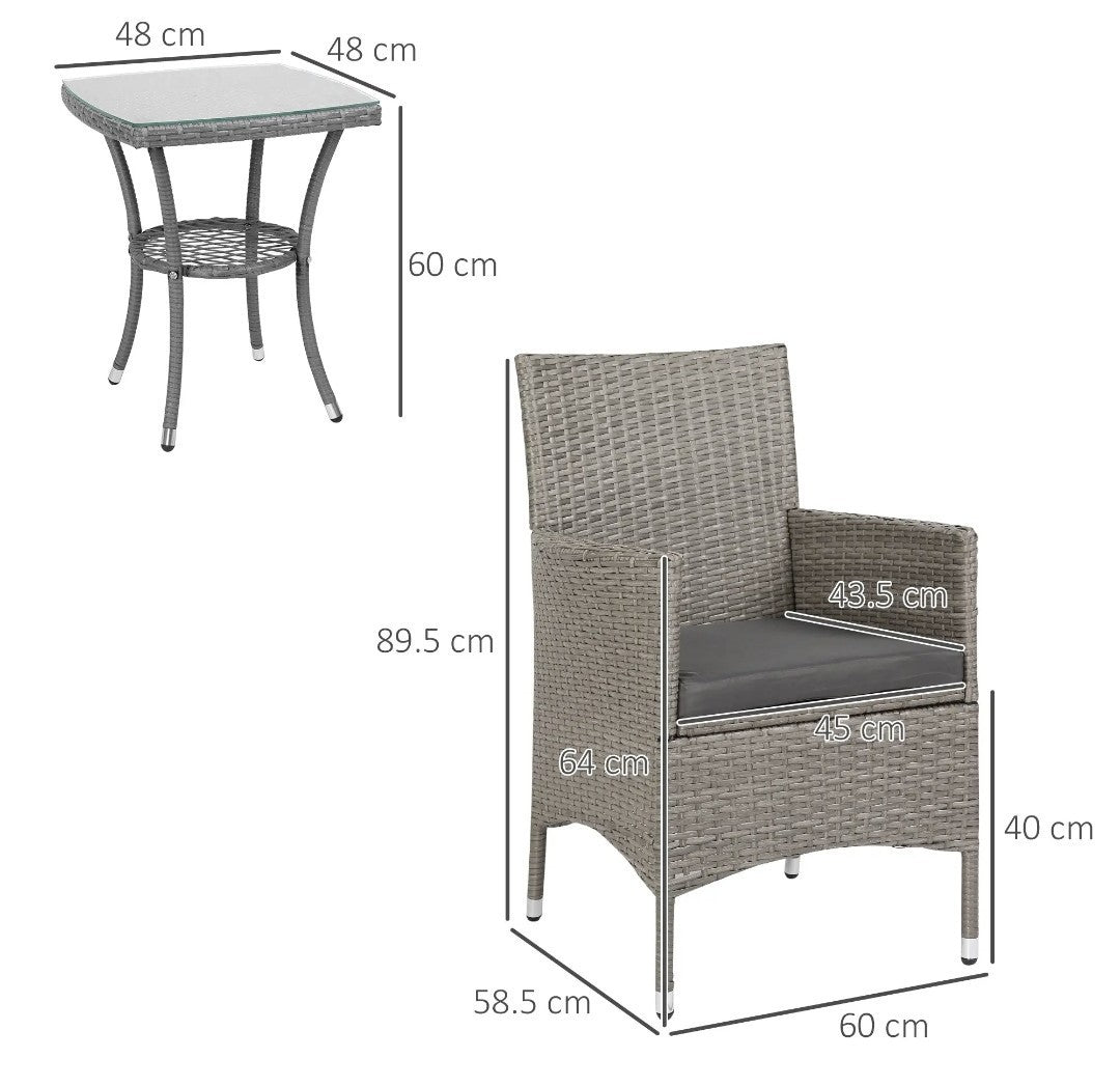 3-Piece Rattan Garden Bistro Set with 2-Tier Table | Grey