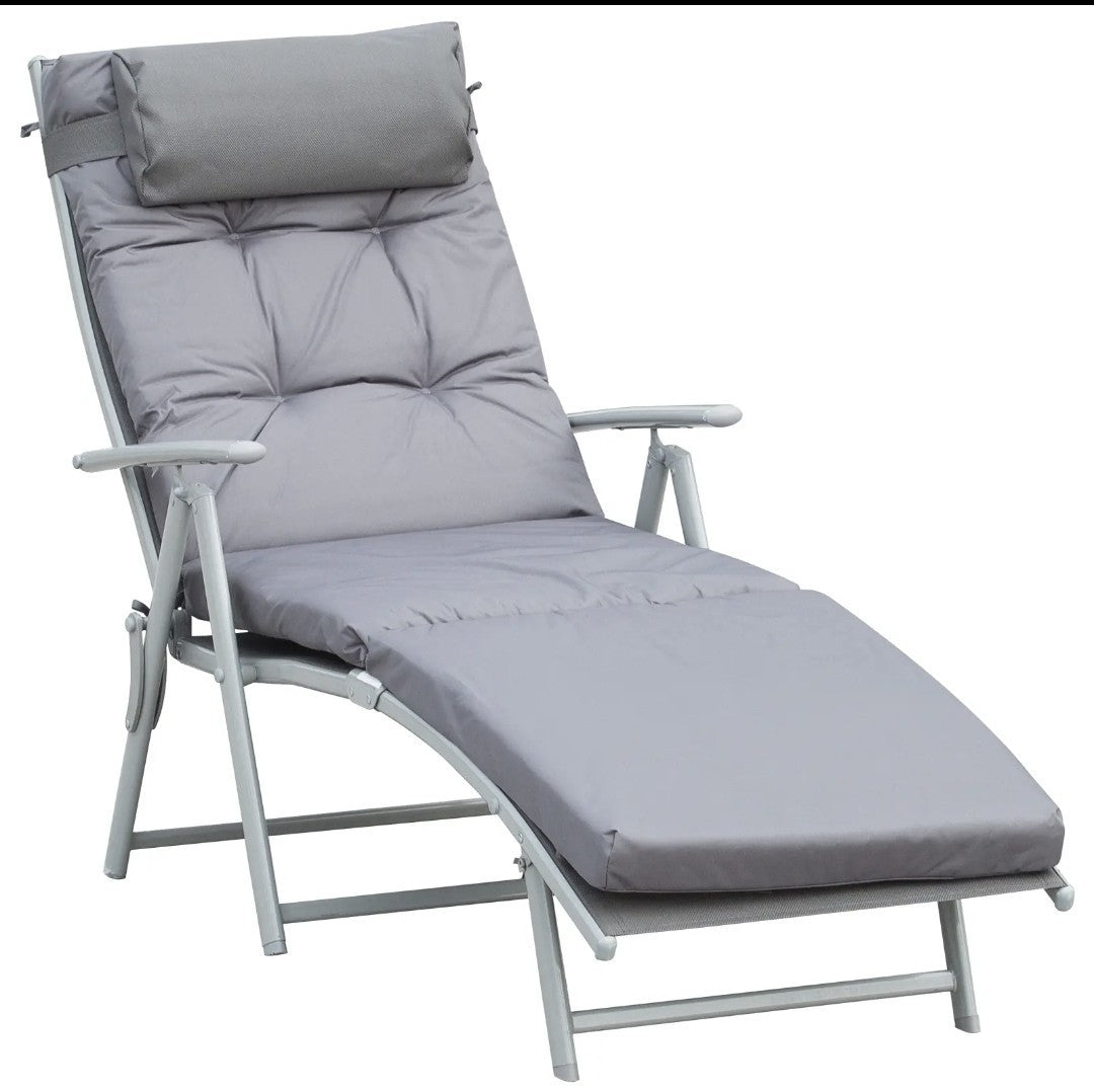 Steel Frame Padded Garden Sun Lounger with Pillow – Grey | 7-Position Recliner