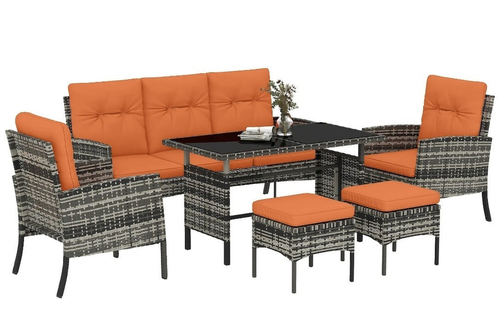 5-Seater Rattan Garden Sofa Set | 2 Armchairs & 3-Seater Wicker Sofa – Grey & Orange