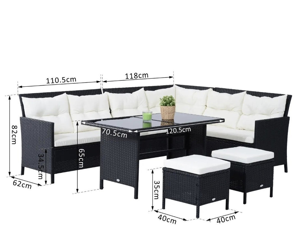 8-Seater Rattan Corner Garden Furniture Set with Table & Cushions | Black