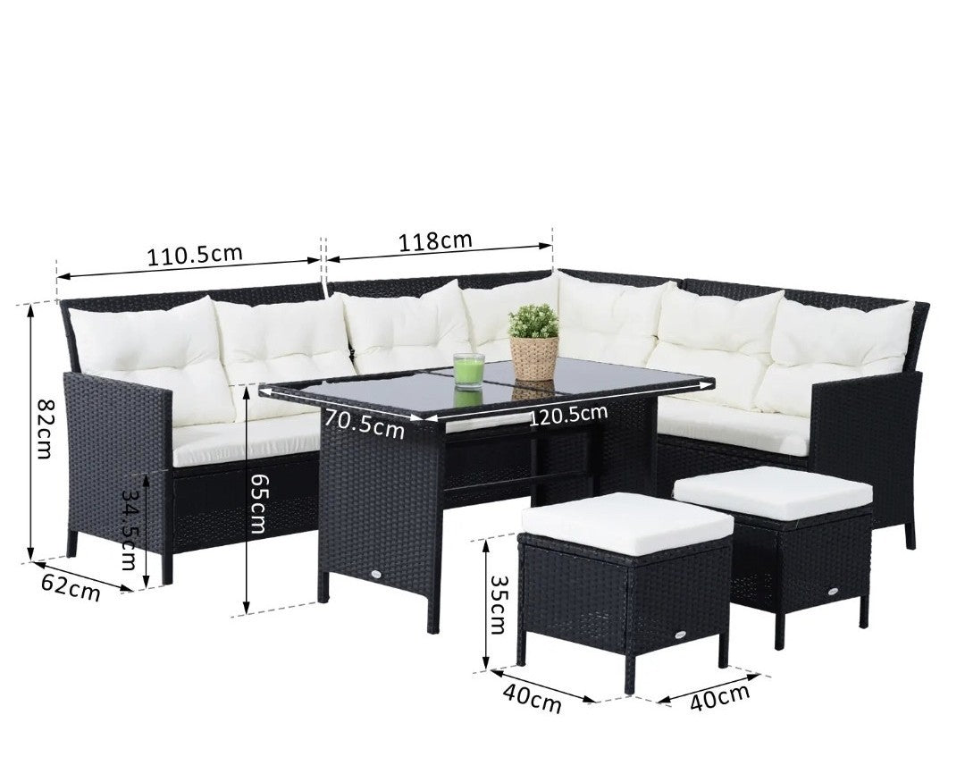 8-Seater Rattan Corner Garden Furniture Set with Table & Cushions | Black