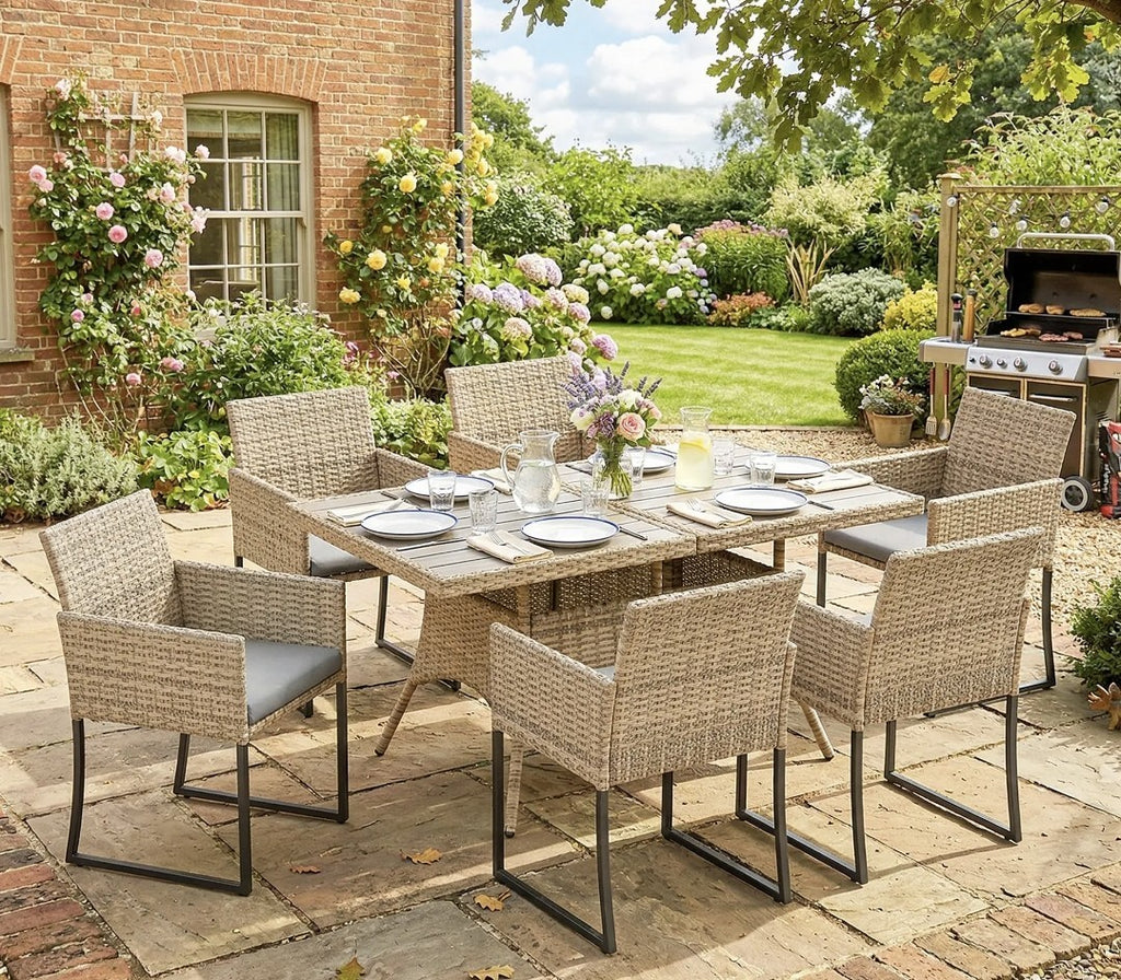 7-Piece Rattan Garden Dining Set – Light Brown | 6-Seater with Wood-Plastic Table & Cushions