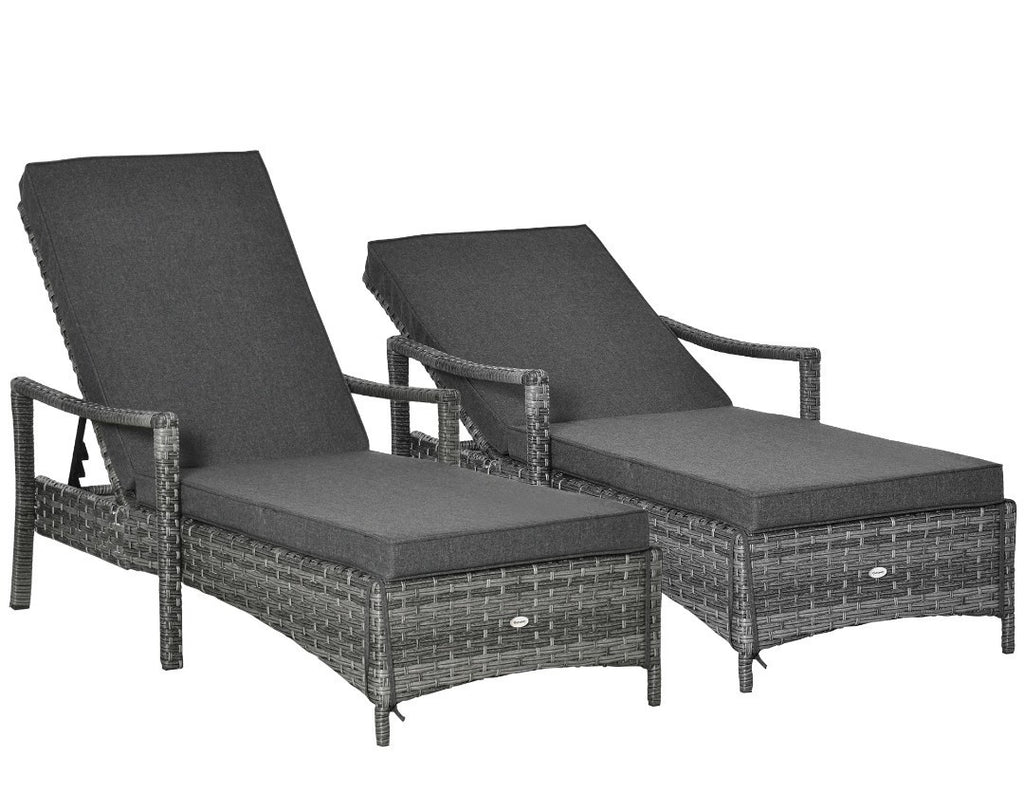 Rattan Sun Lounger Set for 2 – Mixed Grey with Cushions | 4-Position Recliner