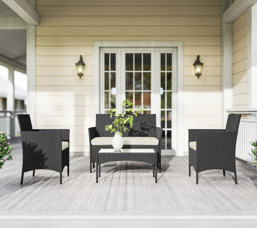 4-Piece Rattan Garden Sofa Set with Beige Cushions | Black