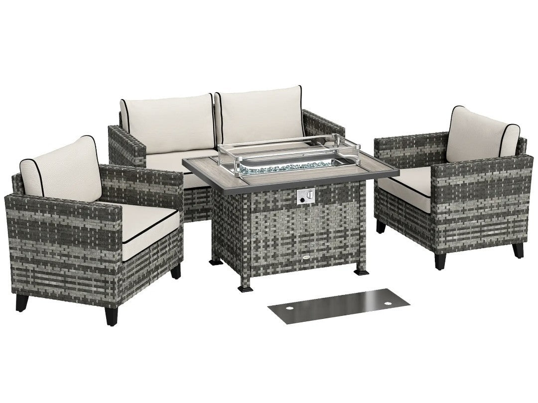 5-Piece Rattan Garden Sofa Set with Gas Fire Pit Table – Grey