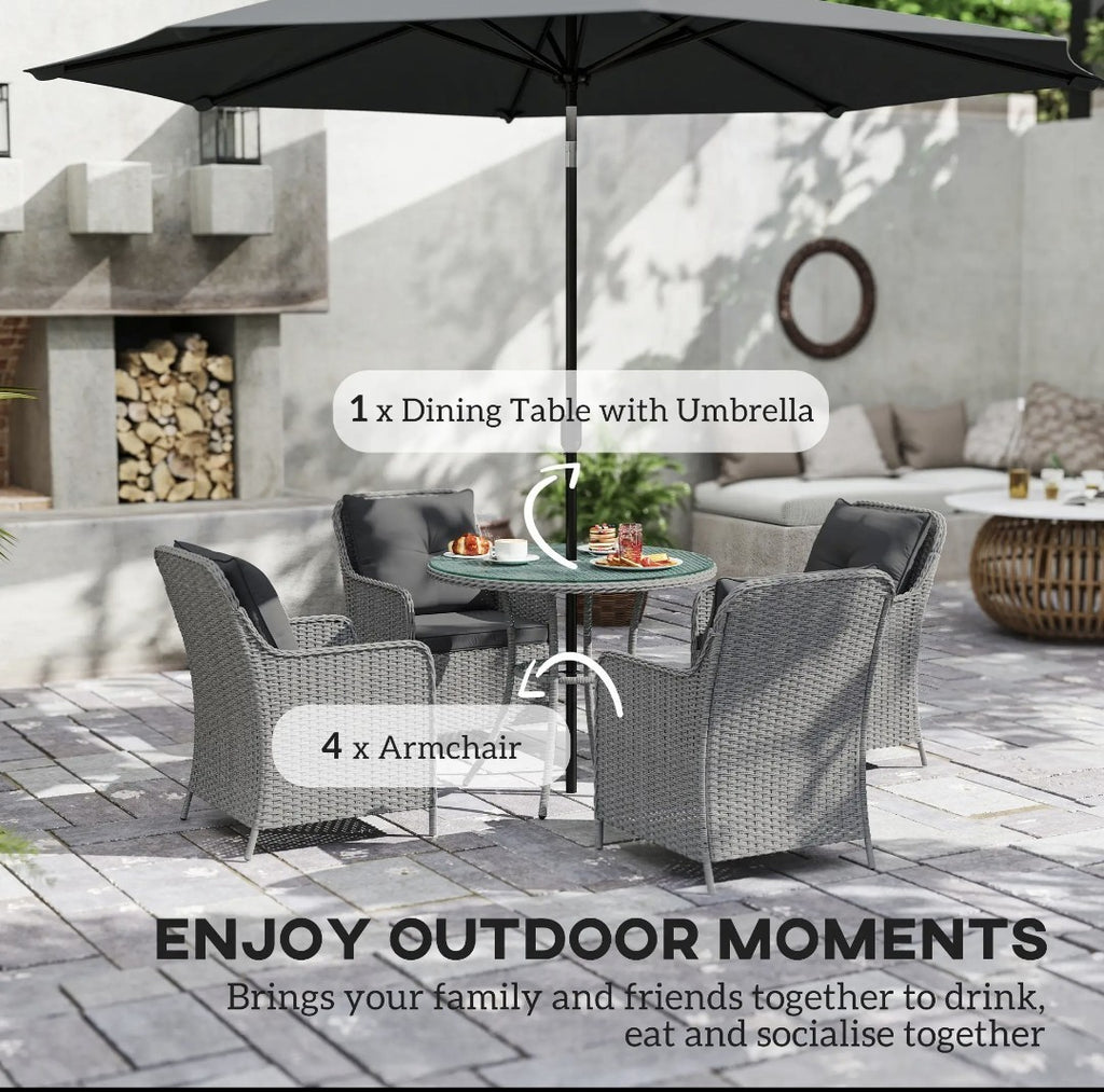 4-Seater Rattan Dining Set with Parasol & Cushions – Light Grey