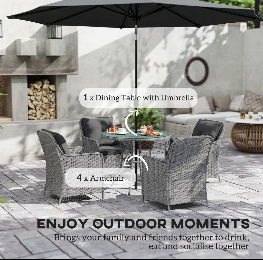 4-Seater Rattan Dining Set with Parasol & Cushions – Light Grey
