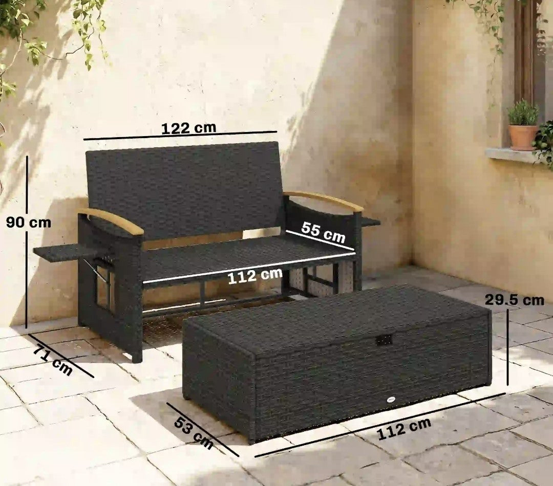 Double Rattan Garden Daybed | Wicker Sun Lounger with Storage Ottoman | Brown