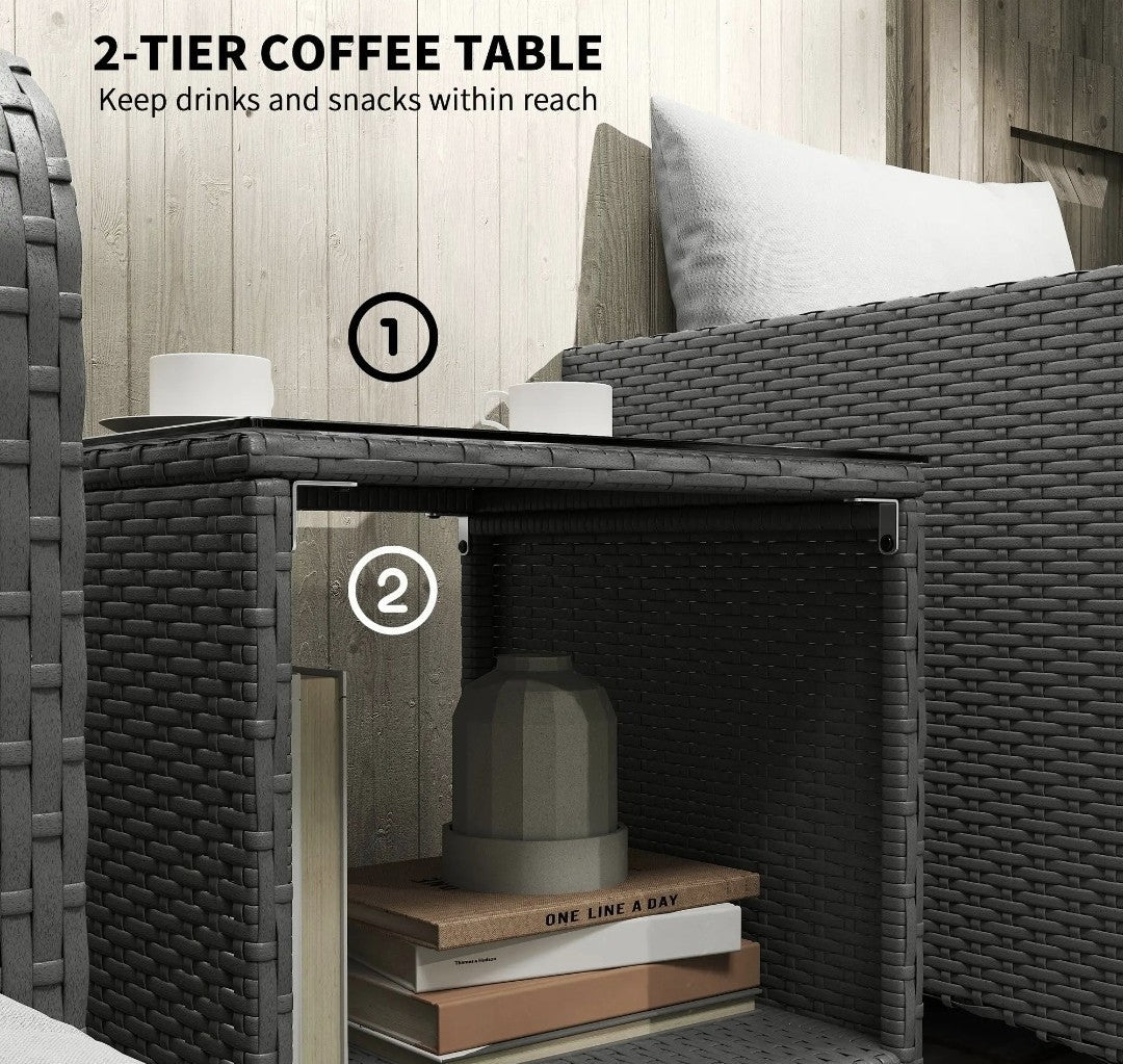 5-Piece Garden Rattan Set with 2-Tier Coffee Table | Cream Cushions