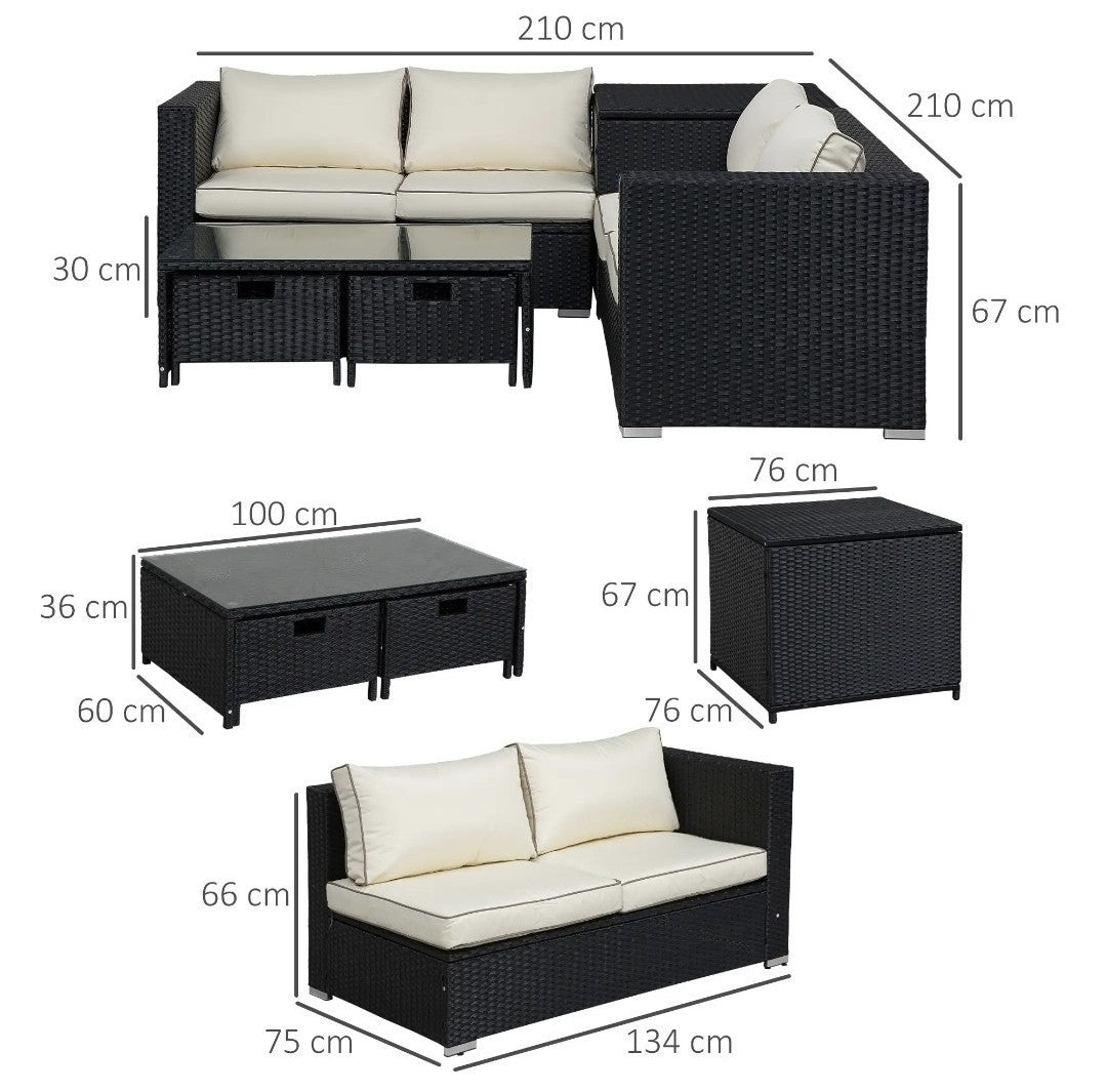 4-Seater Rattan Garden Set with Storage Box & 2-Drawer Coffee Table | Black