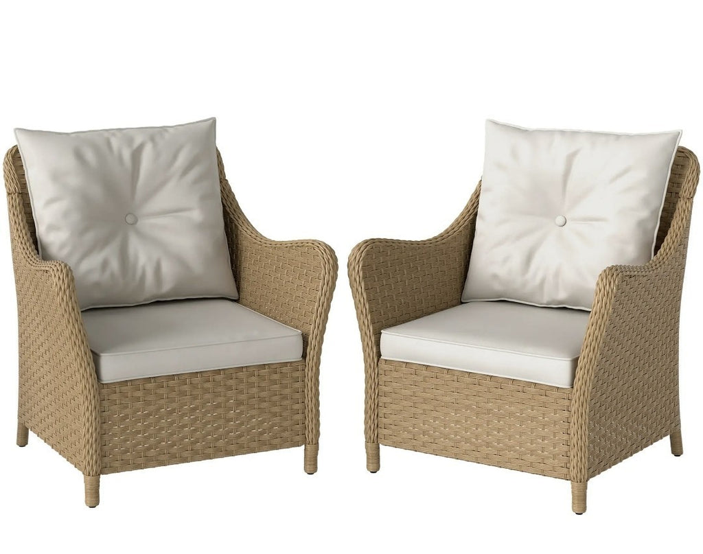 3-Piece Rattan Bistro Set | 2 Armchairs & Side Table | Natural PE Rattan with Cream Cushions