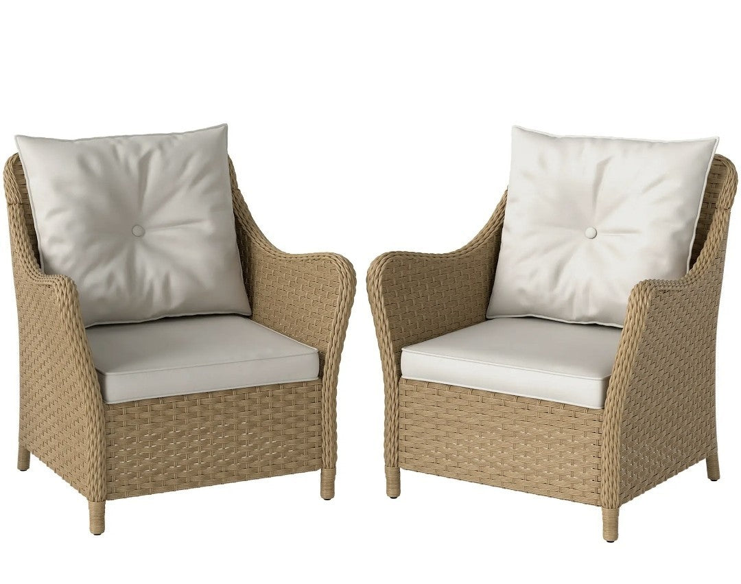 3-Piece Rattan Bistro Set | 2 Armchairs & Side Table | Natural PE Rattan with Cream Cushions