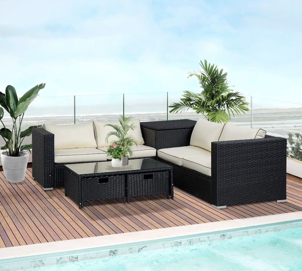 4-Seater Rattan Garden Set with Storage Box & 2-Drawer Coffee Table | Black