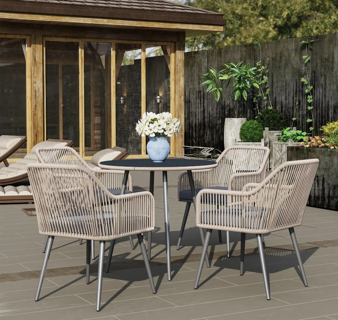 4-Seater Rattan Dining Set – Light Brown | Round Glass Table with Parasol Hole & Cushions