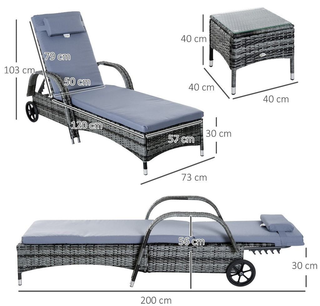 3-Piece Rattan Sun Lounger Set | Wicker Wheeling Recliner Garden Loungers | PE Rattan