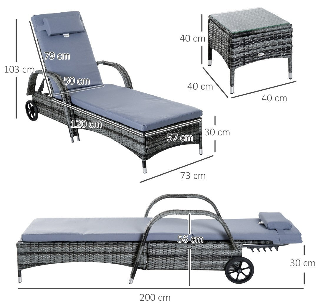 3-Piece Rattan Sun Lounger Set | Wicker Wheeling Recliner Garden Loungers | PE Rattan