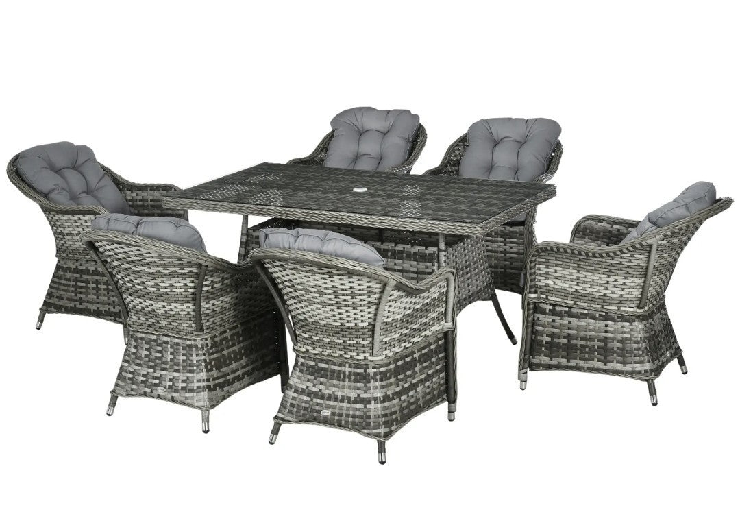 Seven-Piece Rattan Dining Set with Tempered Glass Table Top and Parasol Hole