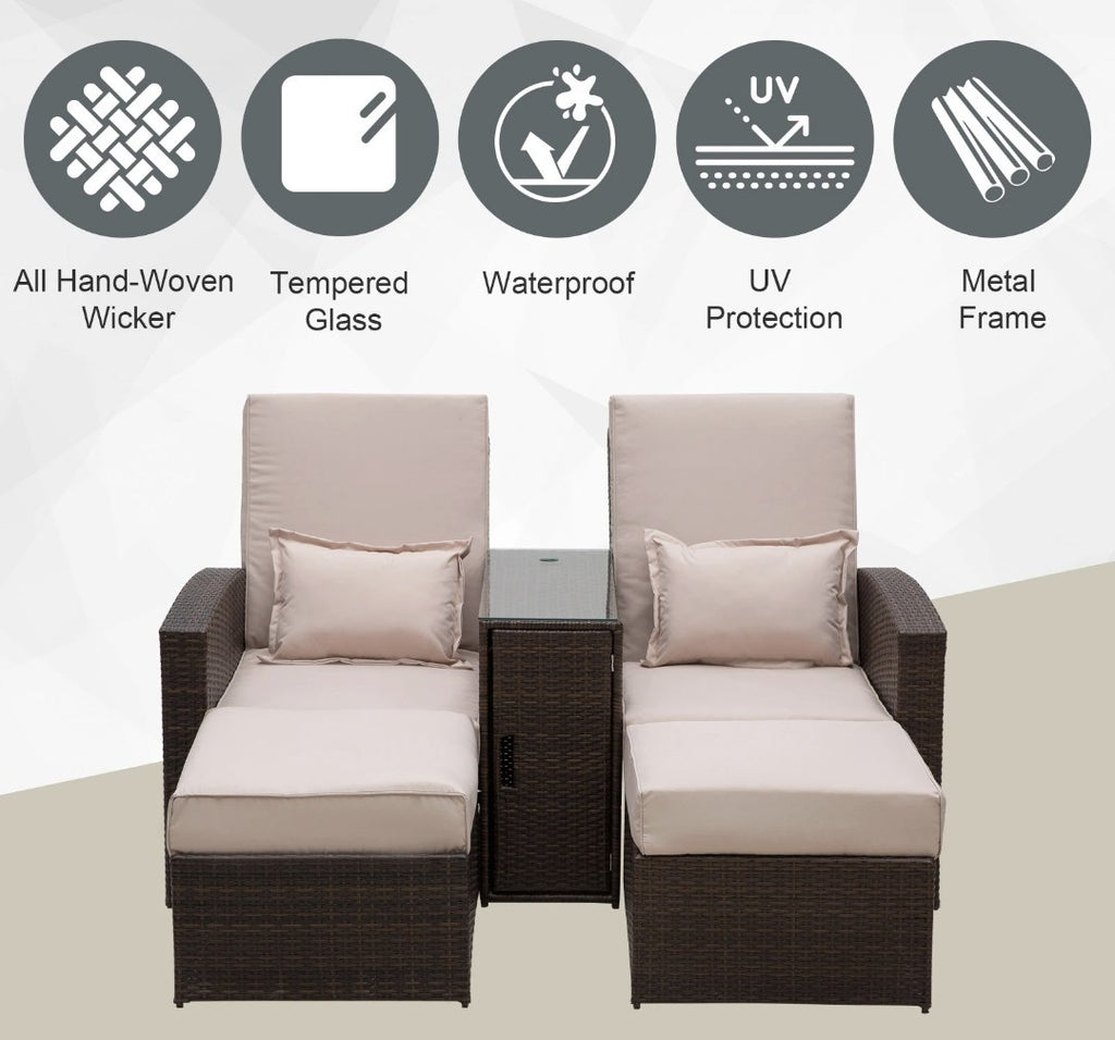 2-Seater Rattan Sofa Lounger Set – Brown & Beige | 5-Position Recliner