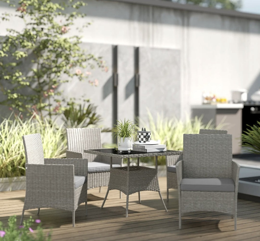 5-Piece Rattan Garden Dining Set with Cushions – Light Grey