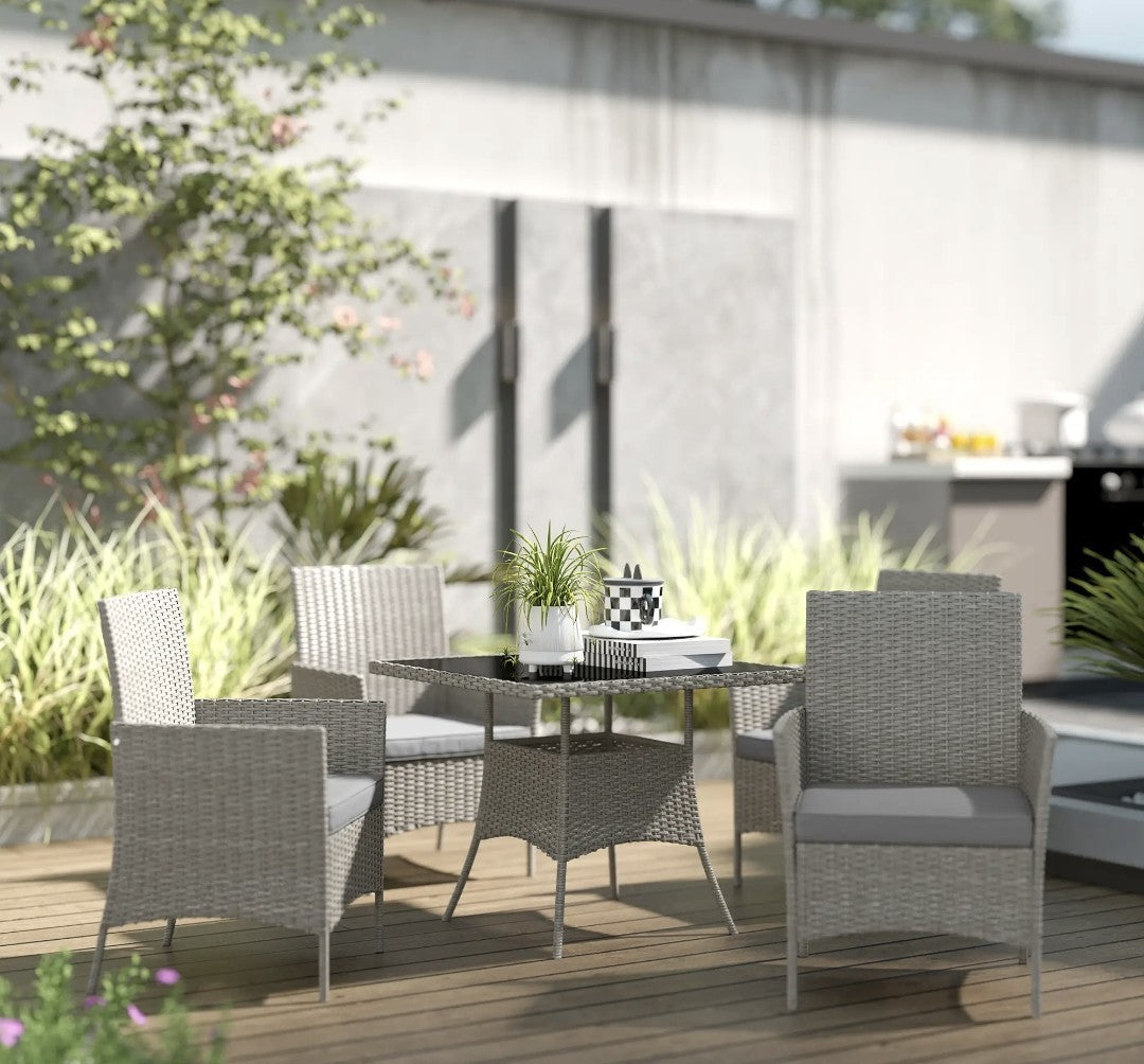 5-Piece Rattan Garden Dining Set with Cushions – Light Grey