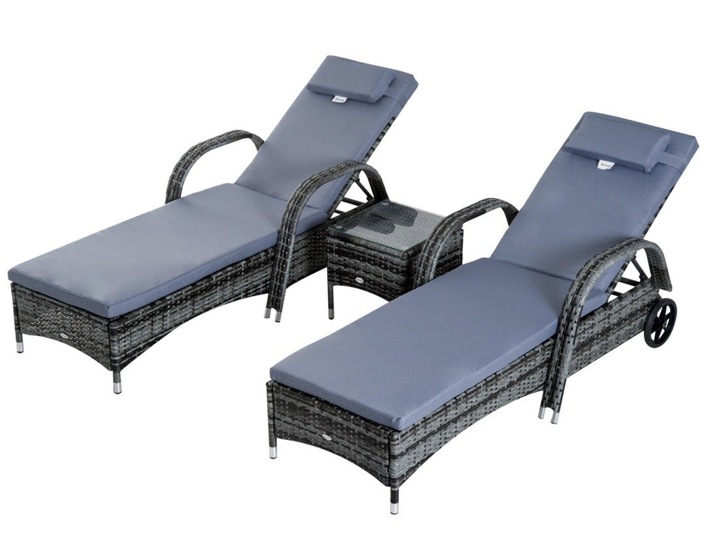 3-Piece Rattan Sun Lounger Set | Wicker Wheeling Recliner Garden Loungers | PE Rattan