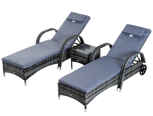3-Piece Rattan Sun Lounger Set | Wicker Wheeling Recliner Garden Loungers | PE Rattan