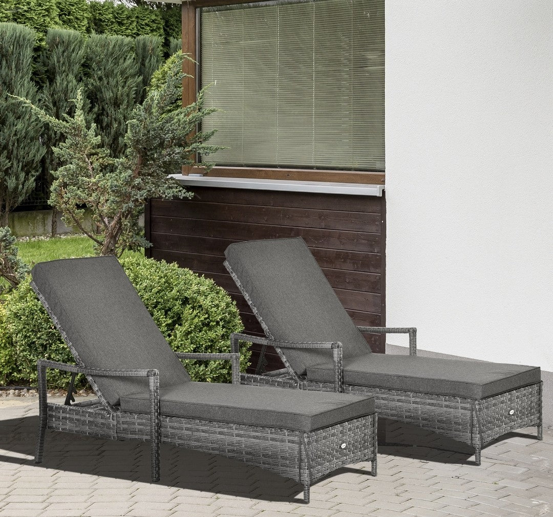 Rattan Sun Lounger Set for 2 – Mixed Grey with Cushions | 4-Position Recliner