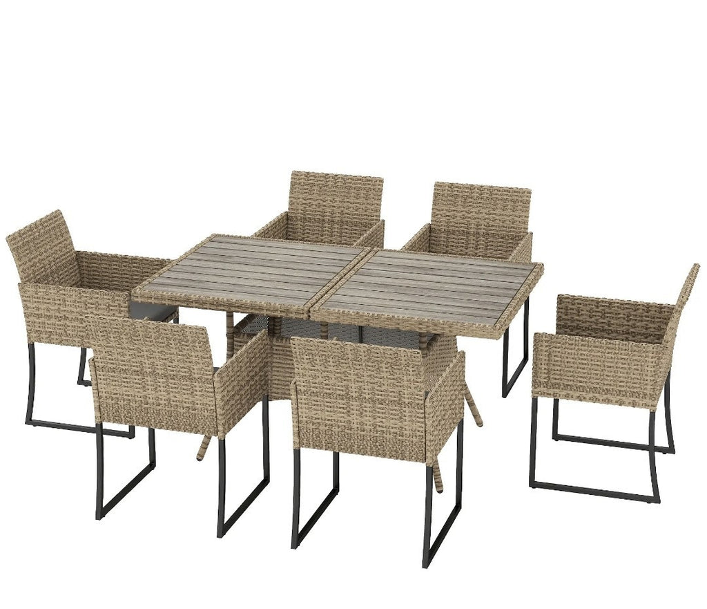 7-Piece Rattan Garden Dining Set – Light Brown | 6-Seater with Wood-Plastic Table & Cushions