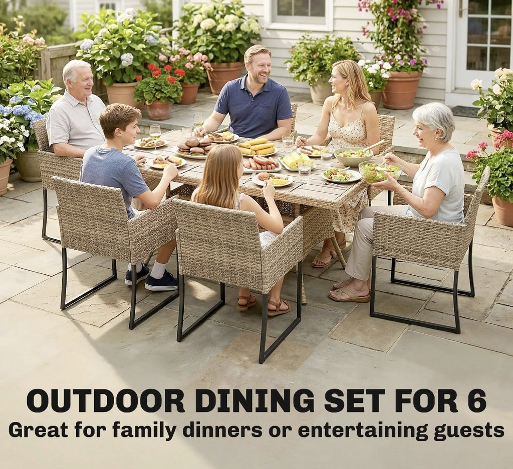 7-Piece Rattan Garden Dining Set – Light Brown | 6-Seater with Wood-Plastic Table & Cushions