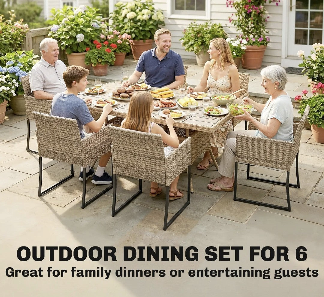 7-Piece Rattan Garden Dining Set – Light Brown | 6-Seater with Wood-Plastic Table & Cushions