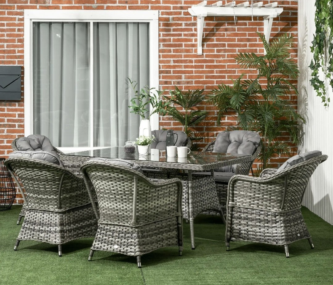 7-Piece Rattan Garden Dining Set – Grey | 6-Seater with Tempered Glass & Parasol Hole