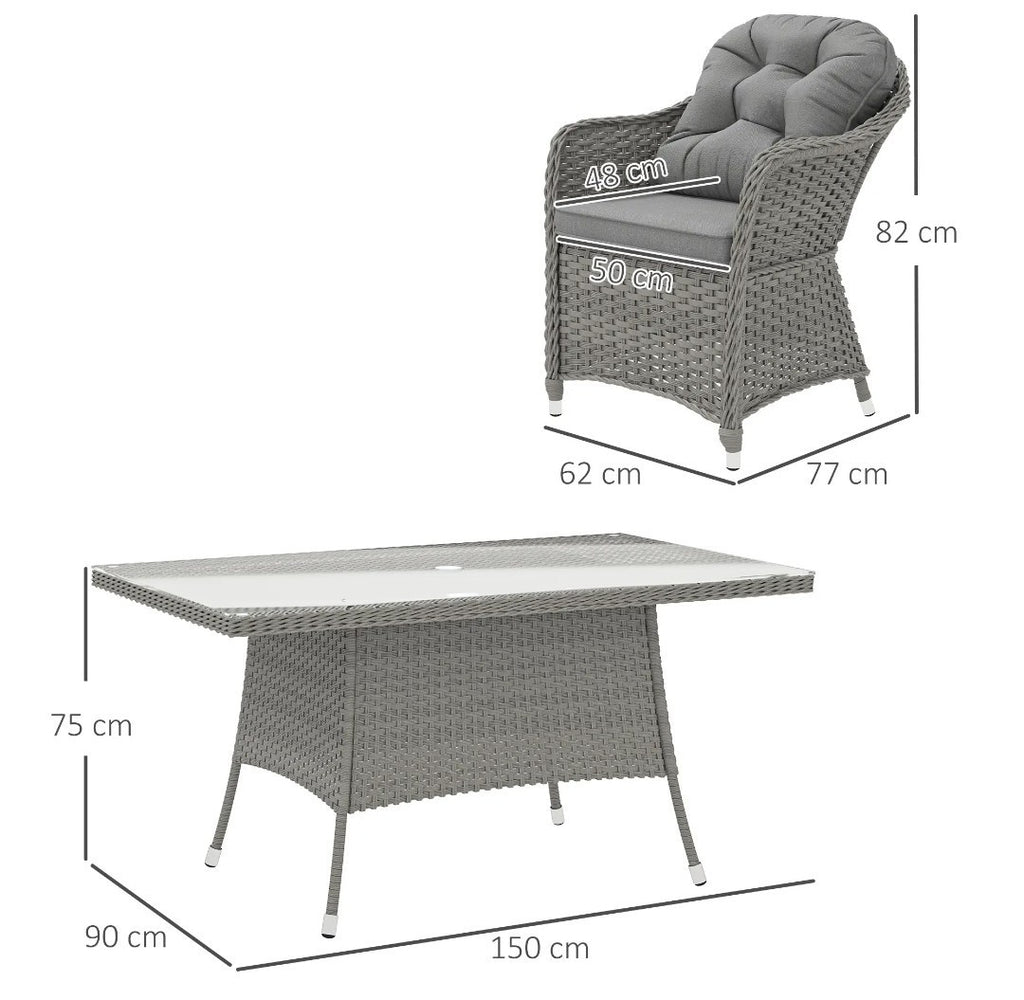 7-Piece Rattan Garden Dining Set – Light Grey | 6-Seater with Tempered Glass & Parasol Hole
