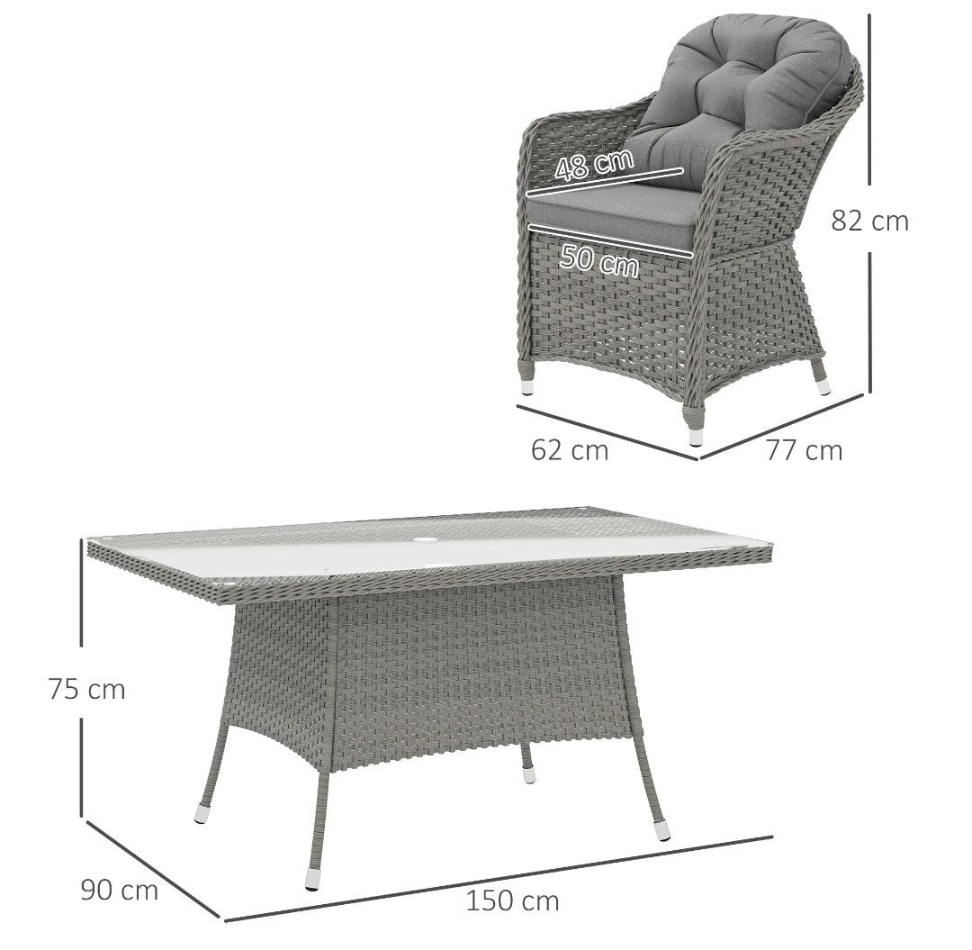 7-Piece Rattan Garden Dining Set – Light Grey | 6-Seater with Tempered Glass & Parasol Hole