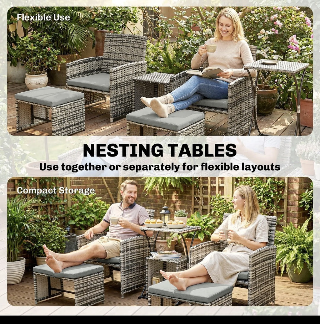 6-Piece Space-Saving Rattan Patio Furniture Set | Grey Cushions