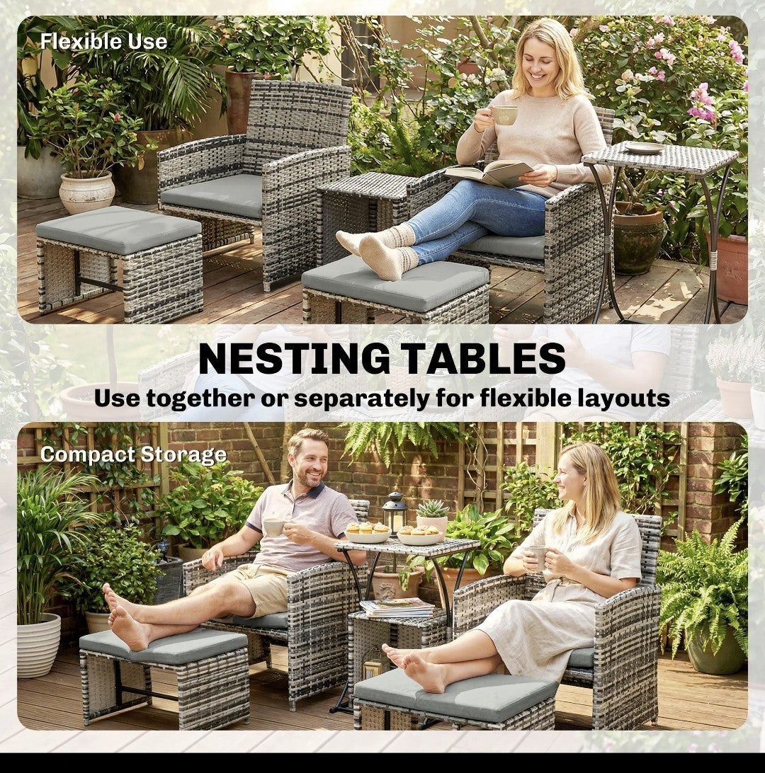 6-Piece Space-Saving Rattan Patio Furniture Set | Grey Cushions