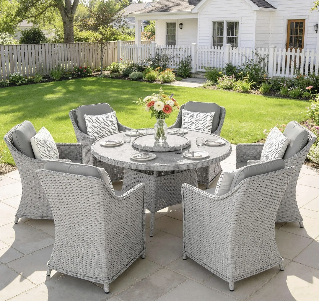 7-Piece Rattan Garden Dining Set with Turntable & Marble Effect Round Table