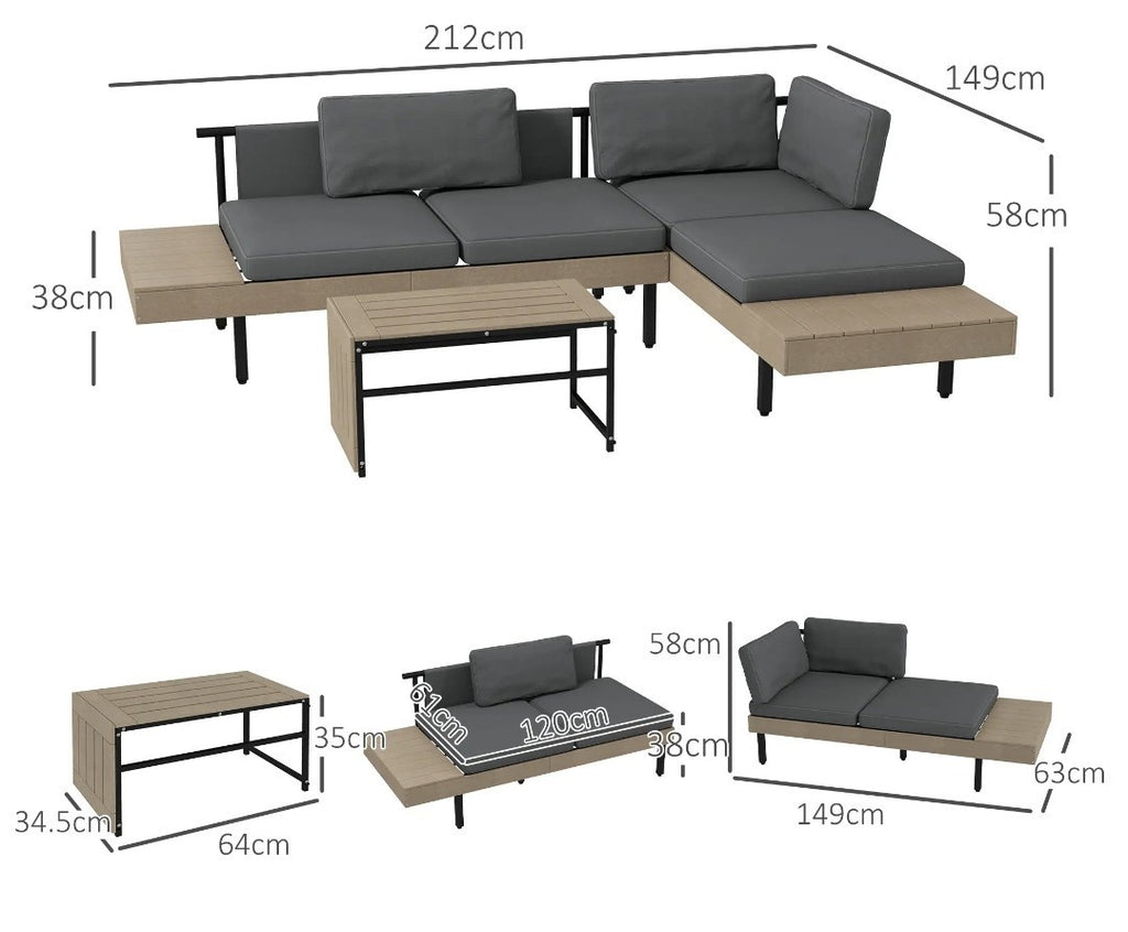 3-Piece L-Shaped Garden Sofa Set with Coffee Table – Grey