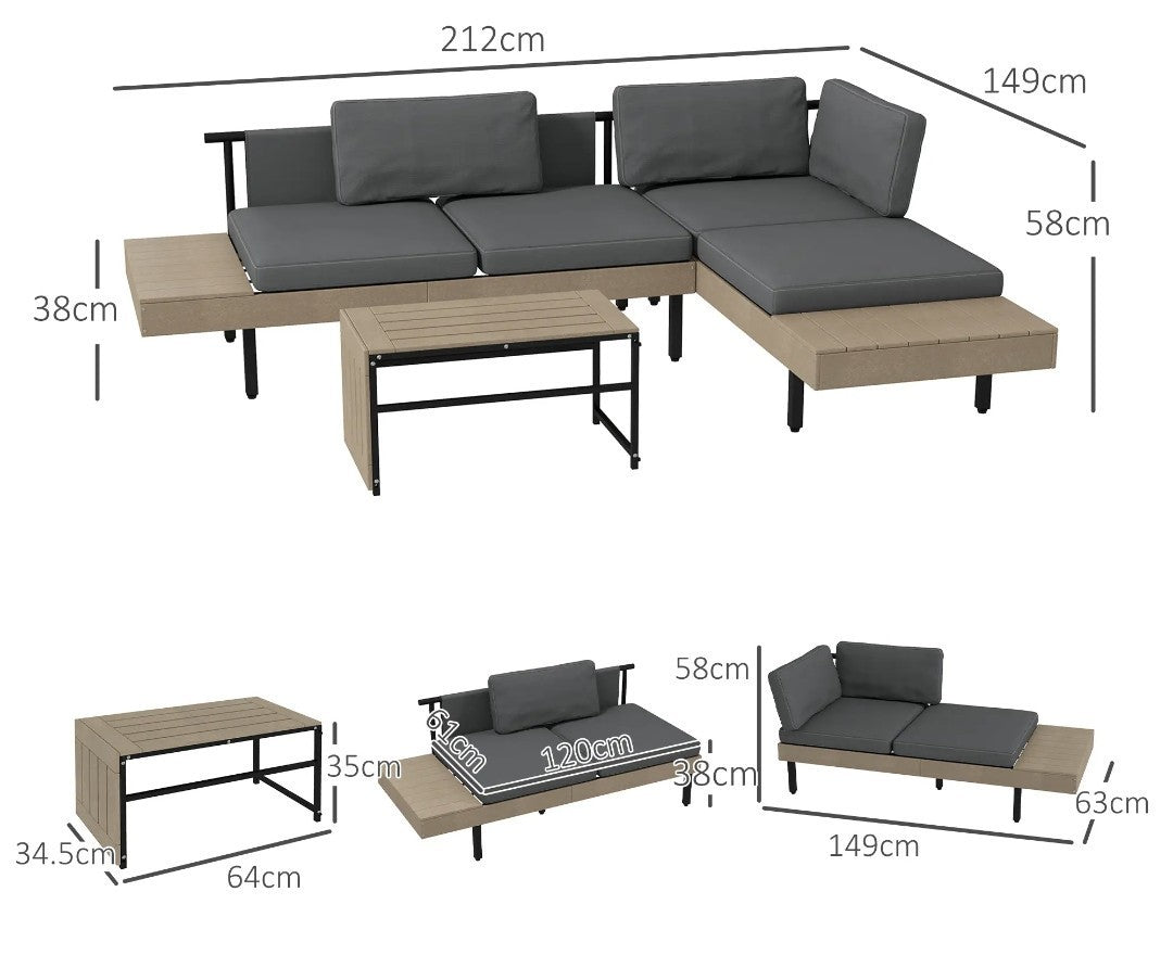 3-Piece L-Shaped Garden Sofa Set with Coffee Table – Grey