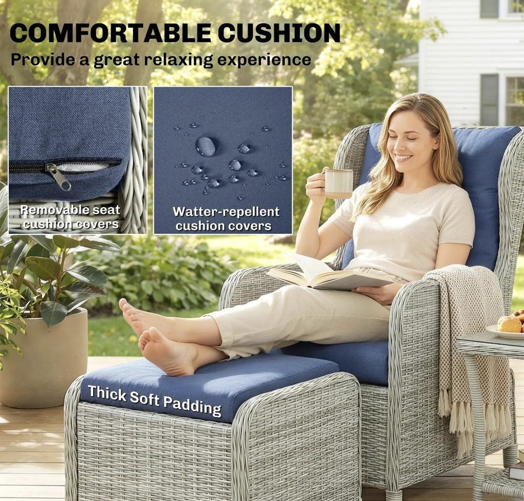5-Piece Rattan Garden Set | Reclining Chairs, Footstools & Cushions | Light Grey