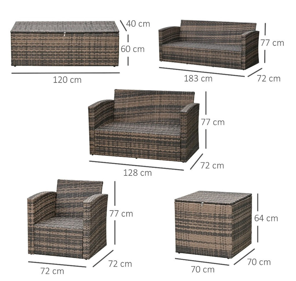 7-Seater Rattan Garden Sofa Set | 6-Piece Outdoor Furniture with Storage Tables – Brown & Orange