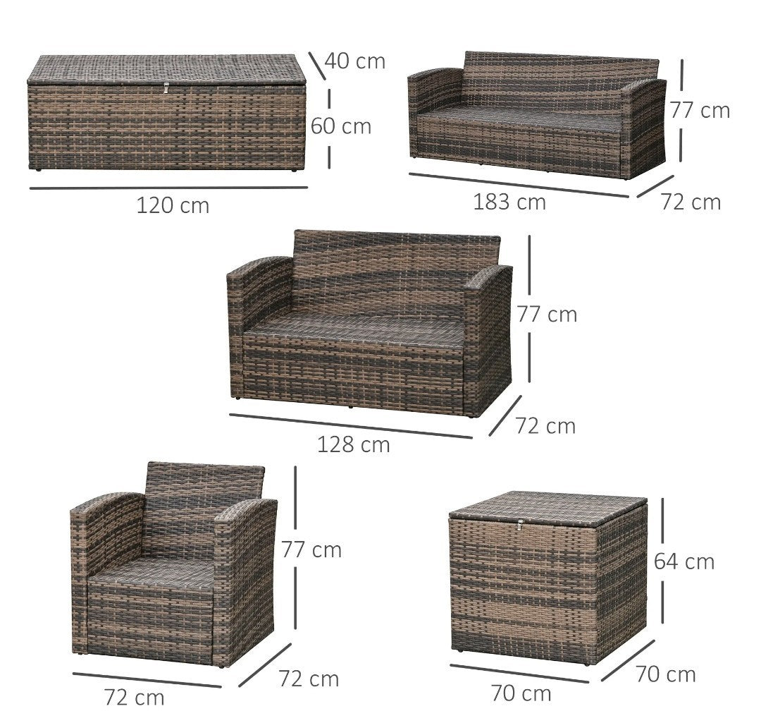 7-Seater Rattan Garden Sofa Set | 6-Piece Outdoor Furniture with Storage Tables – Brown & Orange